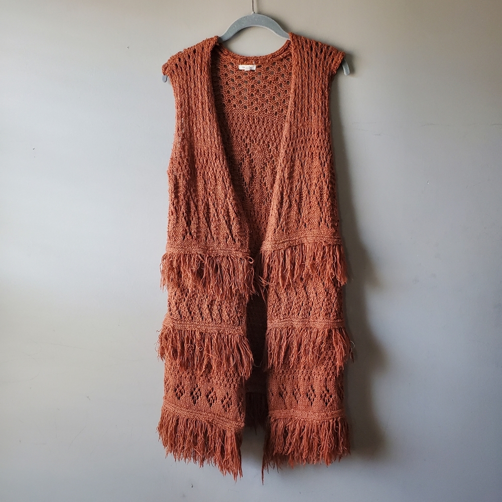En Créme Duster Longline Vest Cardigan Sweater Fringe Boho Oversized Size Small